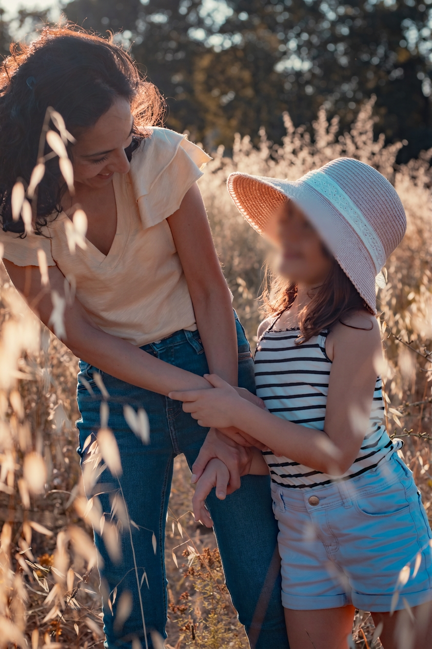 Maman et sa fille au chapeau dans les herbes dorées à la lumière du soir